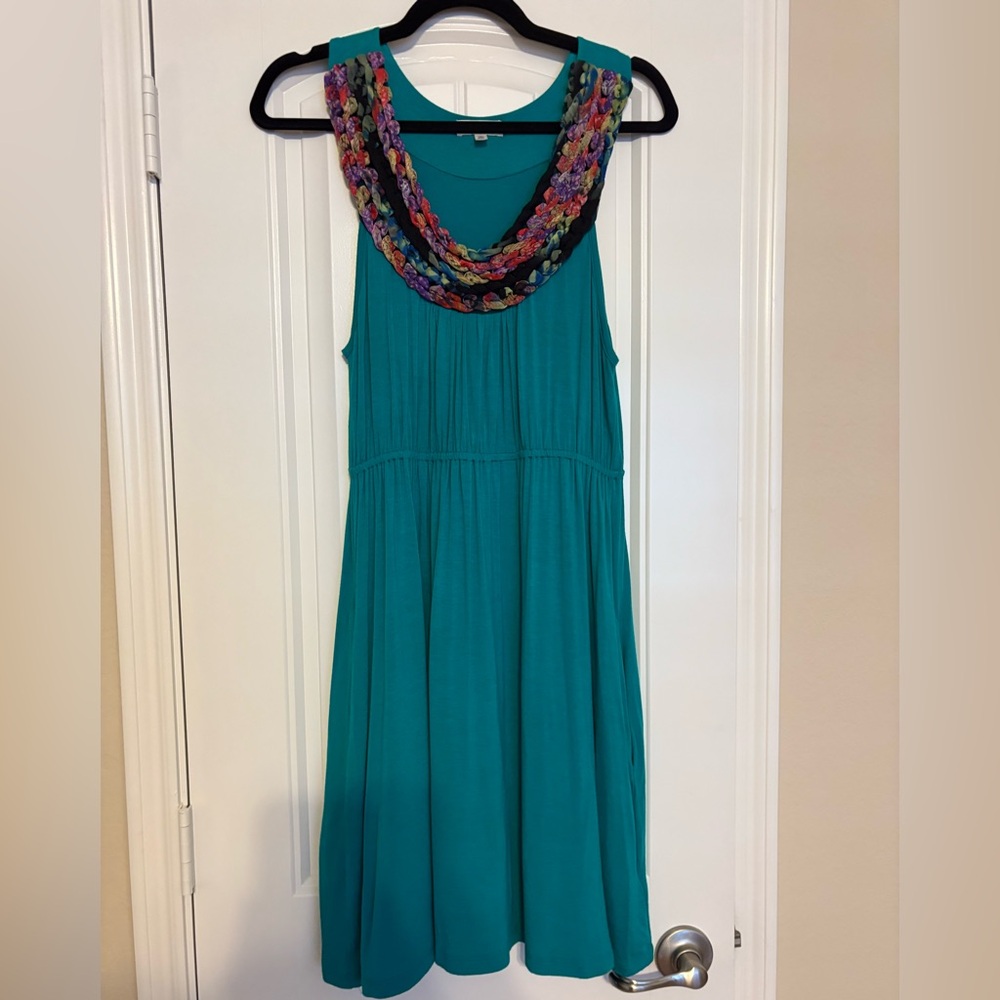 LIKE NEW UO x Silence + Noise Teal Dress w/Colorful Braided Neckline l Large